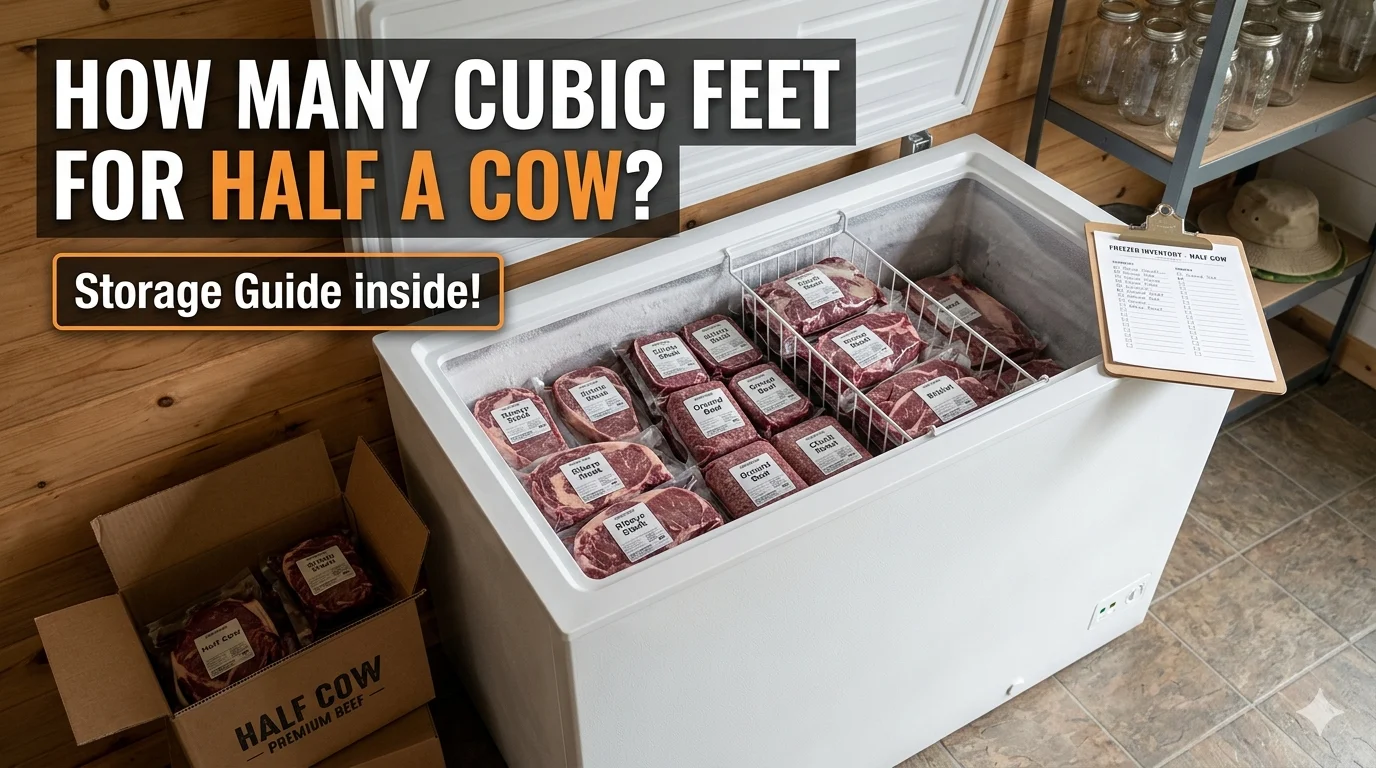Infographic is showing that How Many Cubic Feet for Half a Cow? Complete Storage Guide