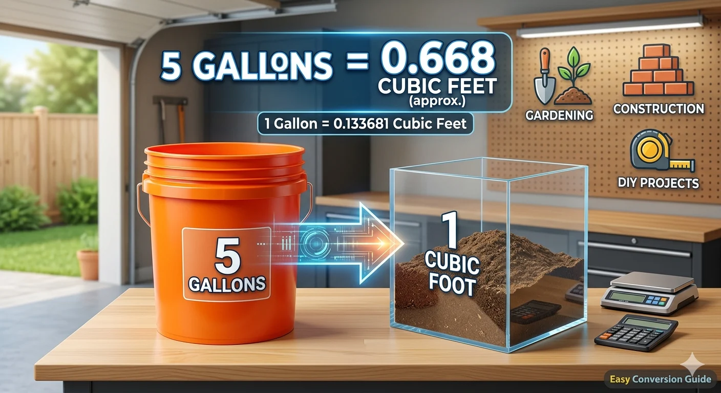 Infographic is showing that How Many Cubic Feet in 5 Gallon easy conversion guide