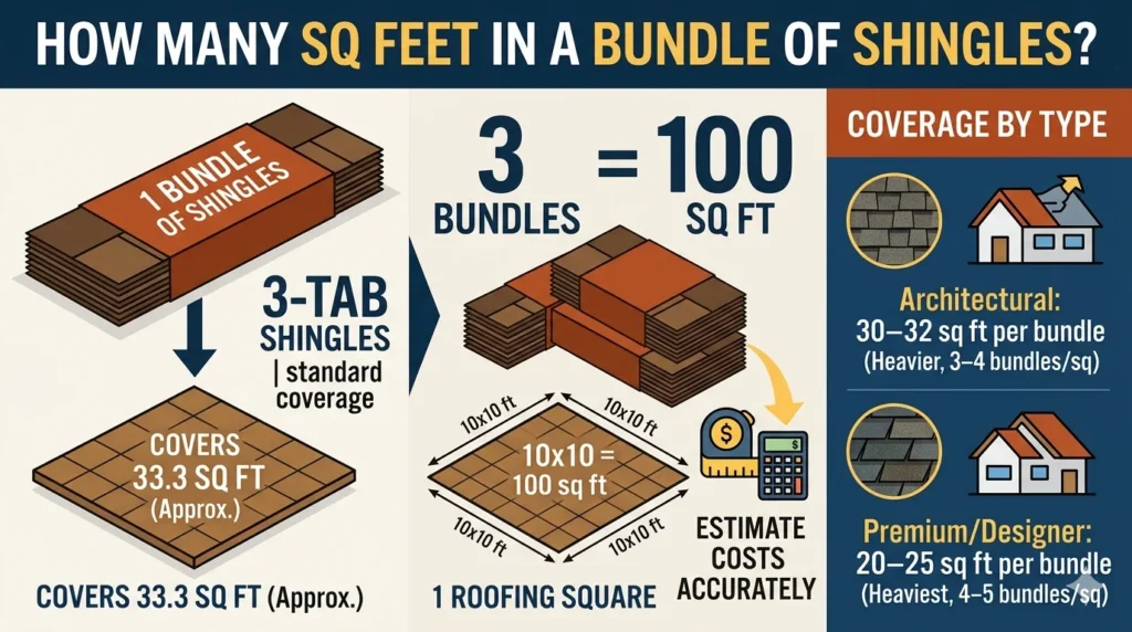 Infographic is showing that How Many Sq Feet in a Bundle of Shingles