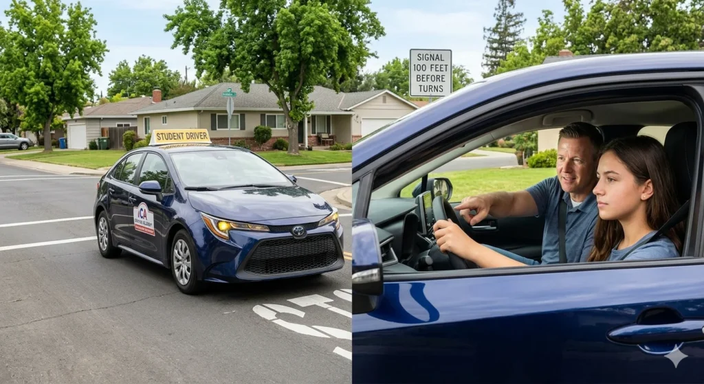 Infographic is showing that How Many Feet Before Turn Signal in California?