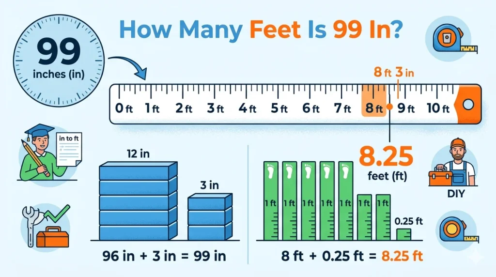 In for graphic is showing that How Many Feet Is 99 In?