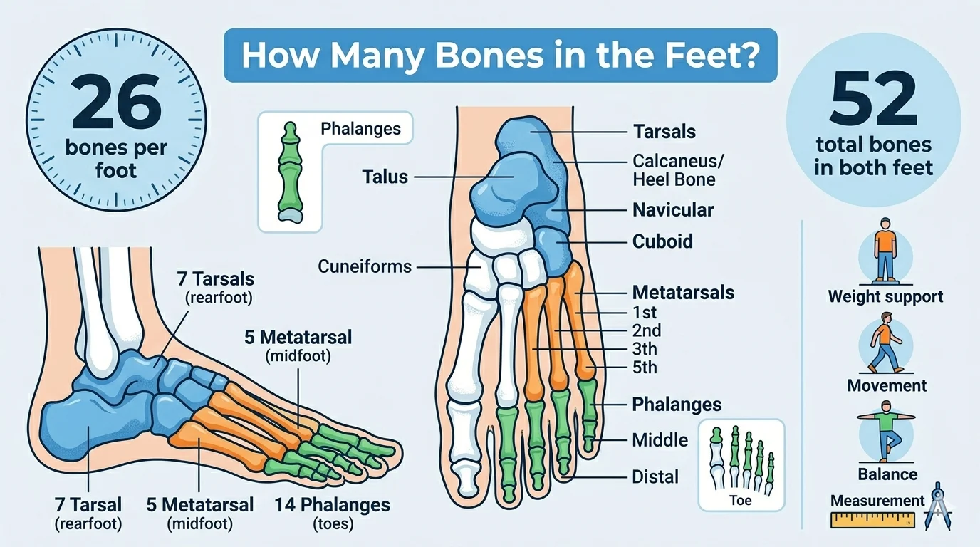 Infographic is showing that How Many Bones in the Feet? Complete Guide
