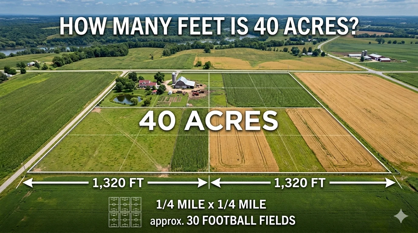 Infographic is showing that How Many Feet Is 40 Acres? Simple Size Guide