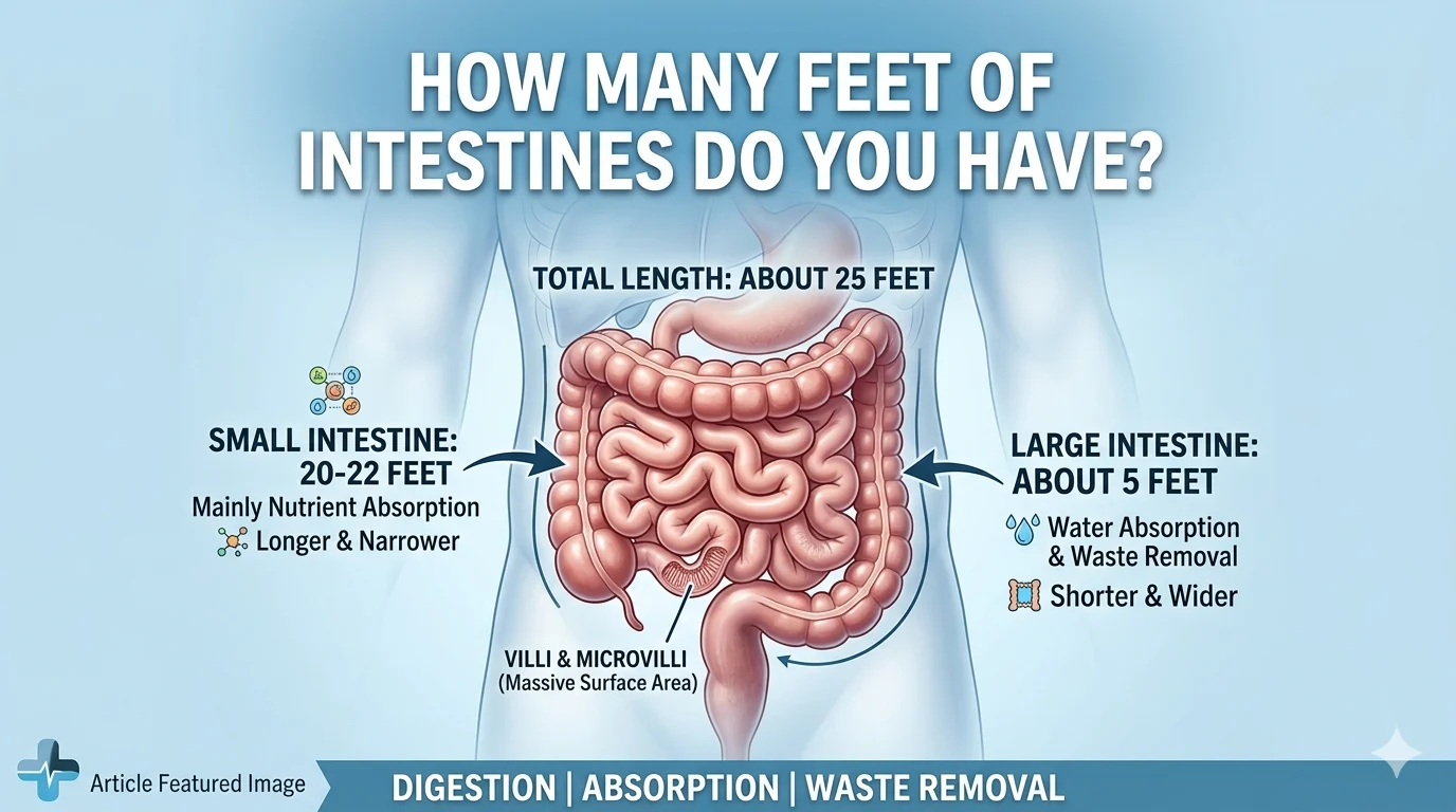 Infographic is showing that How Many Feet of Intestines Do You Have? Complete Guide