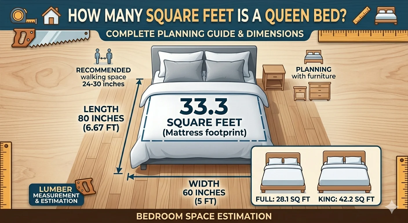 Incographic is showing that How Many Square Feet Is a Queen Bed? Size Guide