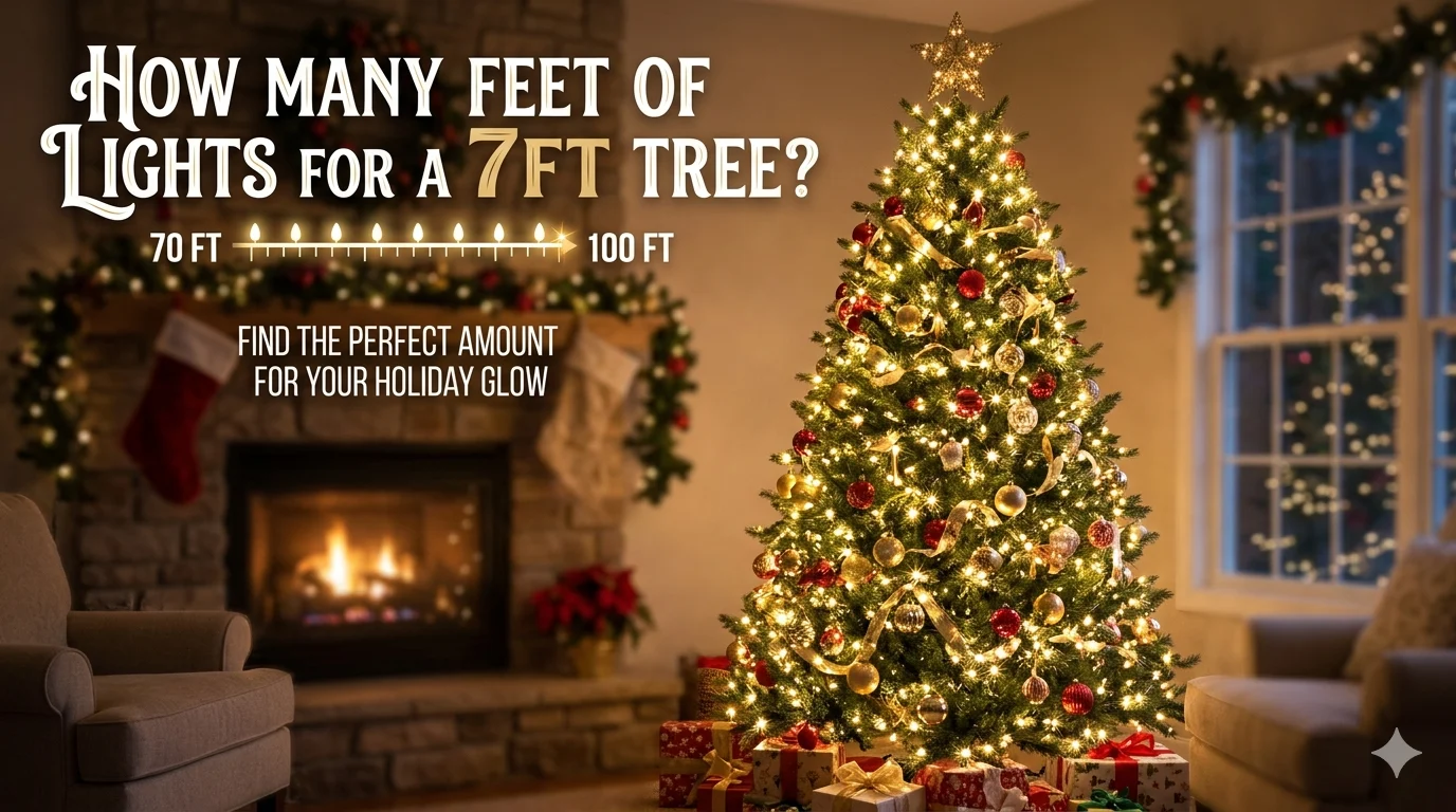 Infographic is showing that How Many Feet of Lights for a 7ft Tree? Complete Guide