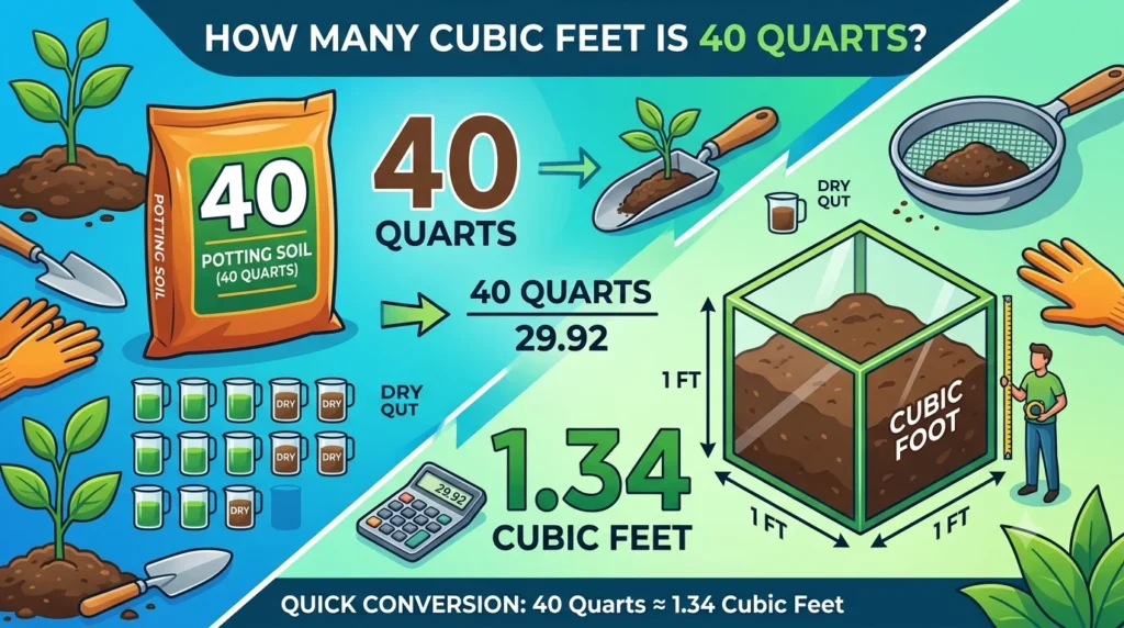 Infographic is showing that How Many Cubic Feet Is 40 Quarts? Easy Conversion Guide