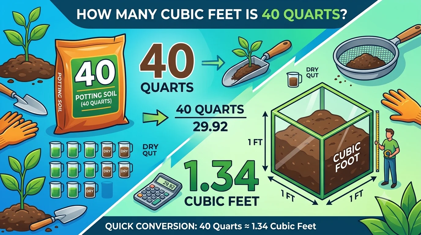 Infographic is showing that How Many Cubic Feet Is 40 Quarts? Easy Conversion Guide