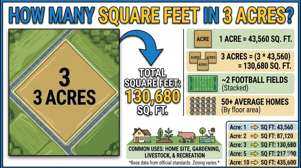 Infographic is showing that How Many Square Feet Are in 3 Acres?