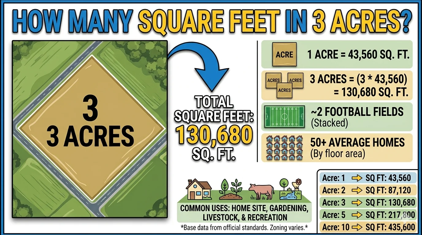 Infographic is showing that How Many Square Feet Are in 3 Acres?