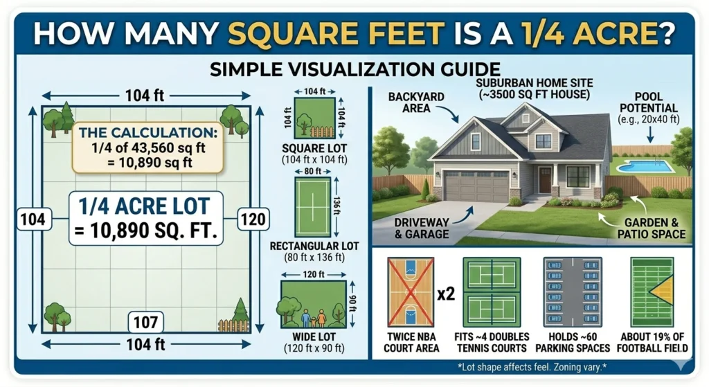Infographic is showing that How Many Square Feet Is a 1/4 Acre? Easy Guide