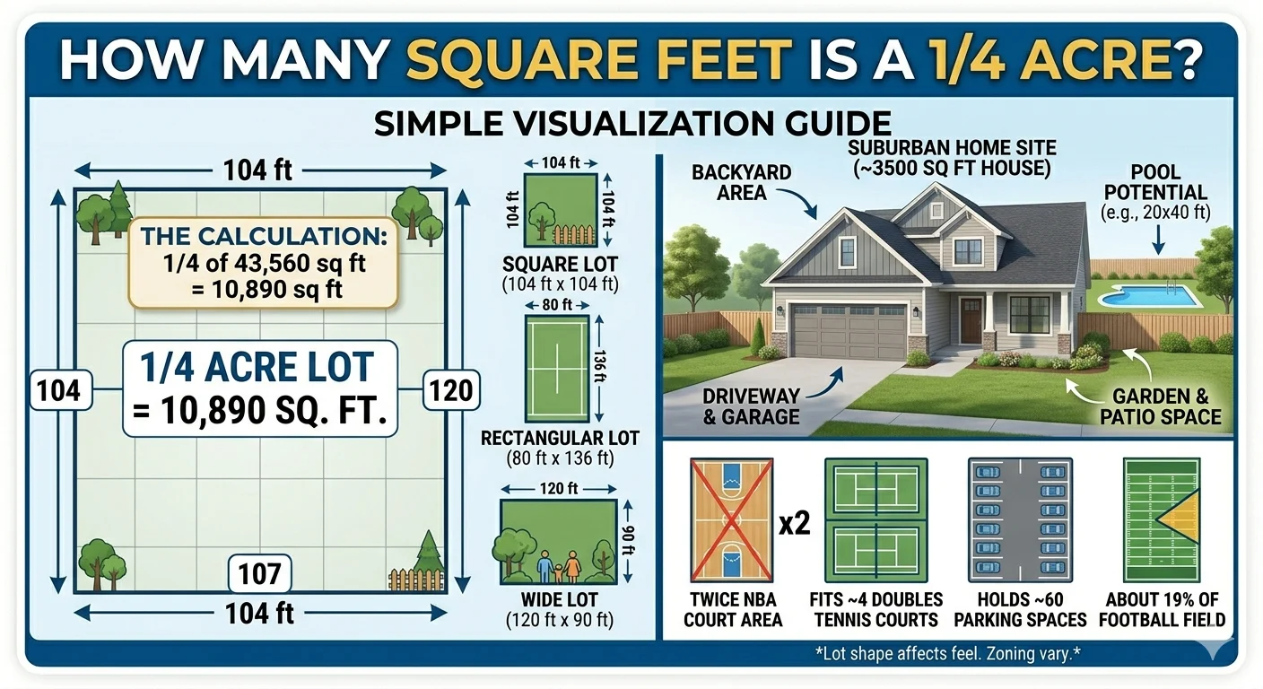 Infographic is showing that How Many Square Feet Is a 1/4 Acre? Easy Guide