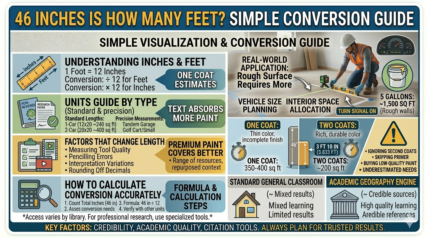 Infographic is showing that 46 Inches is How Many Feet? Simple Conversion Guide
