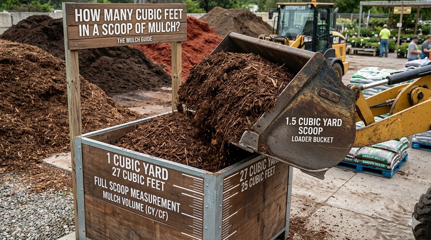 Infographic is showing that How Many Cubic Feet in a Scoop of Mulch?