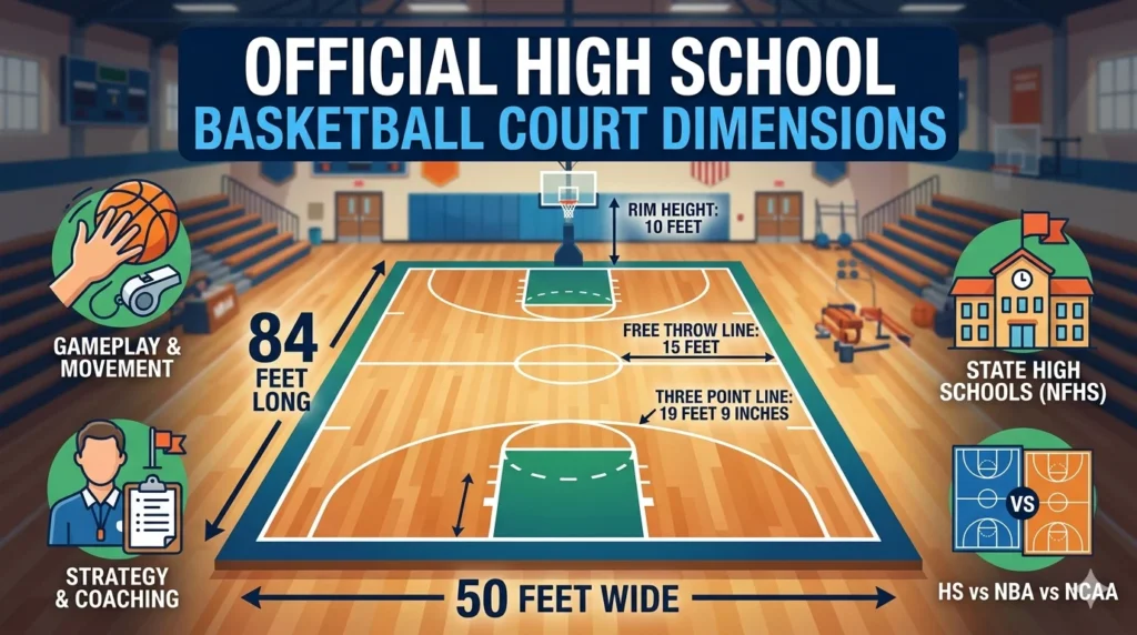 Infographic is showing that How Many Feet Is a High School Basketball Court?