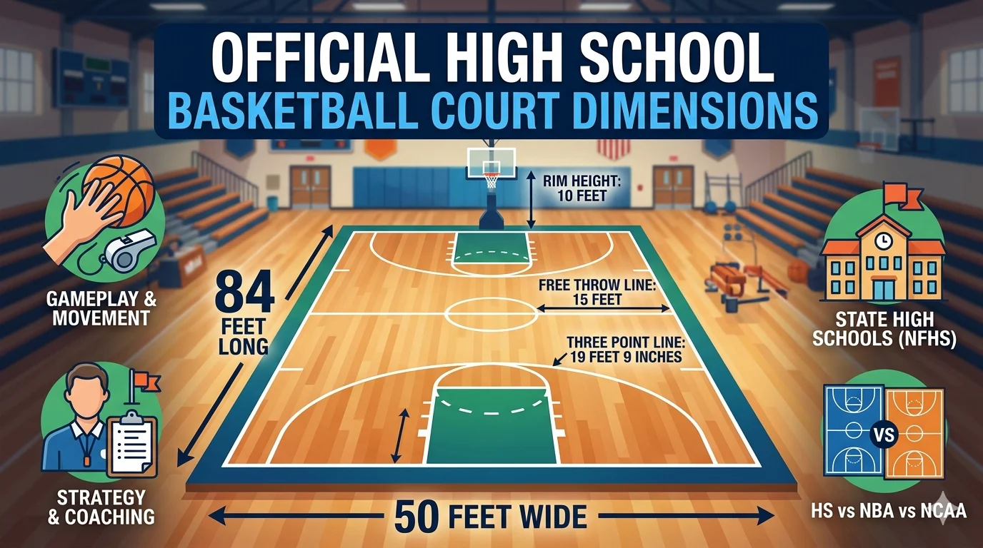 Infographic is showing that How Many Feet Is a High School Basketball Court?