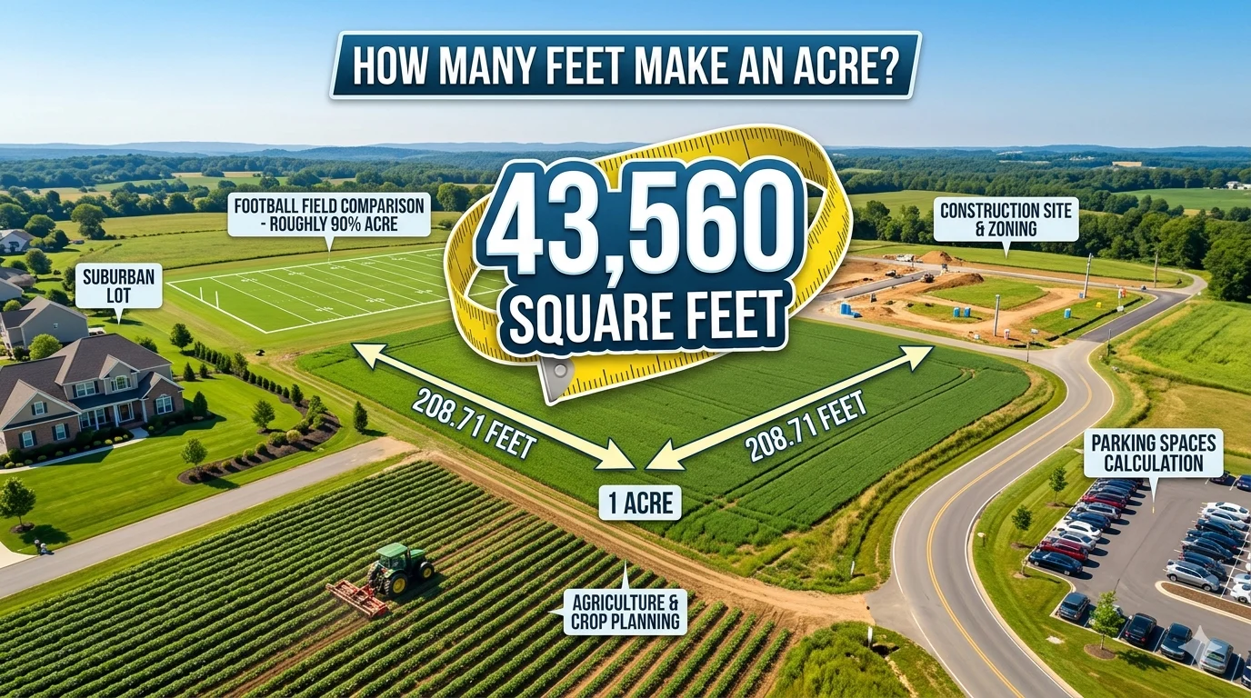 Infographic is showing that How Many Feet Make an Acre? Easy Size Guide