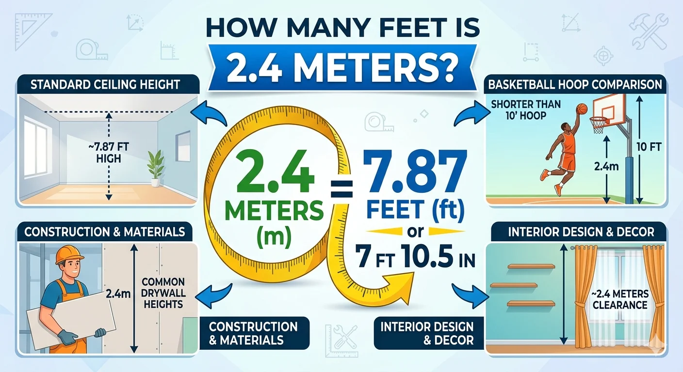 Infographic is showing that How Many Feet Is 2.4 Meters? Easy Conversion Guide