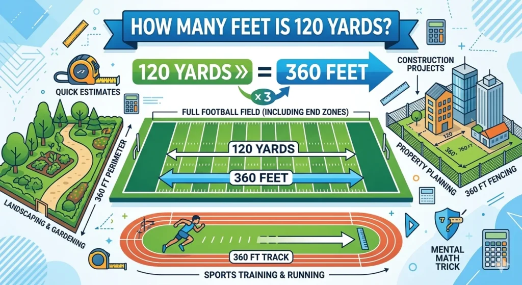 Infographic is showing that How Many Feet Is 120 Yards? Easy Conversion Guide