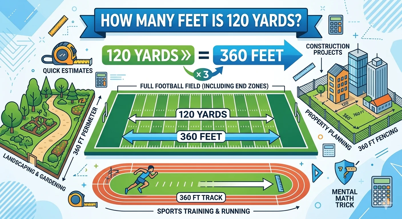 Infographic is showing that How Many Feet Is 120 Yards? Easy Conversion Guide