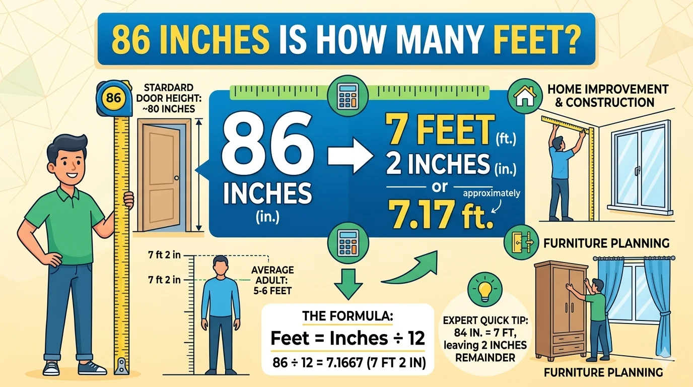 Infographic is showing that 86 Inches is How Many Feet? Easy Conversion Guide