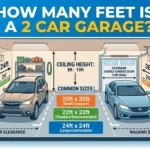 Infographic is showing that How Many Feet Is a 2 Car Garage? Complete Size Guide