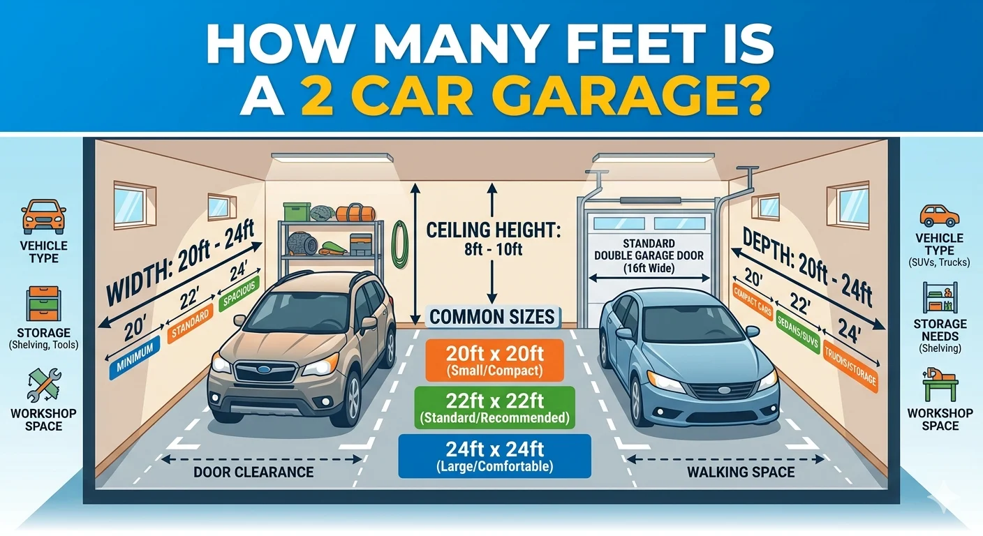 Infographic is showing that How Many Feet Is a 2 Car Garage? Complete Size Guide
