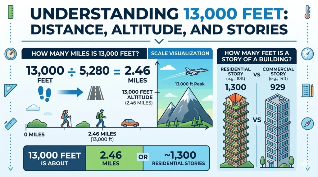 Infographic is showing that How Many Miles Is 13,000 Feet? Easy Conversion Guide