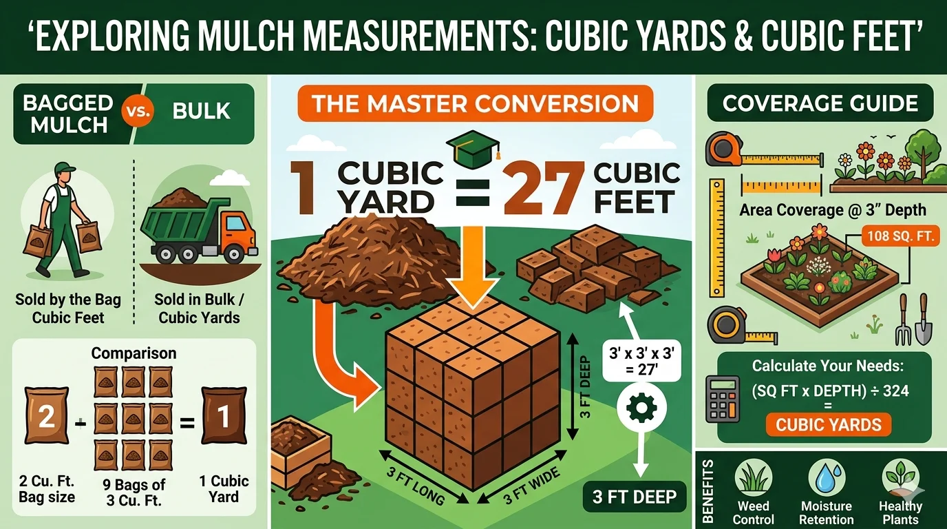Infographic is showing that How Many Cubic Feet Is in a Yard of Mulch?
