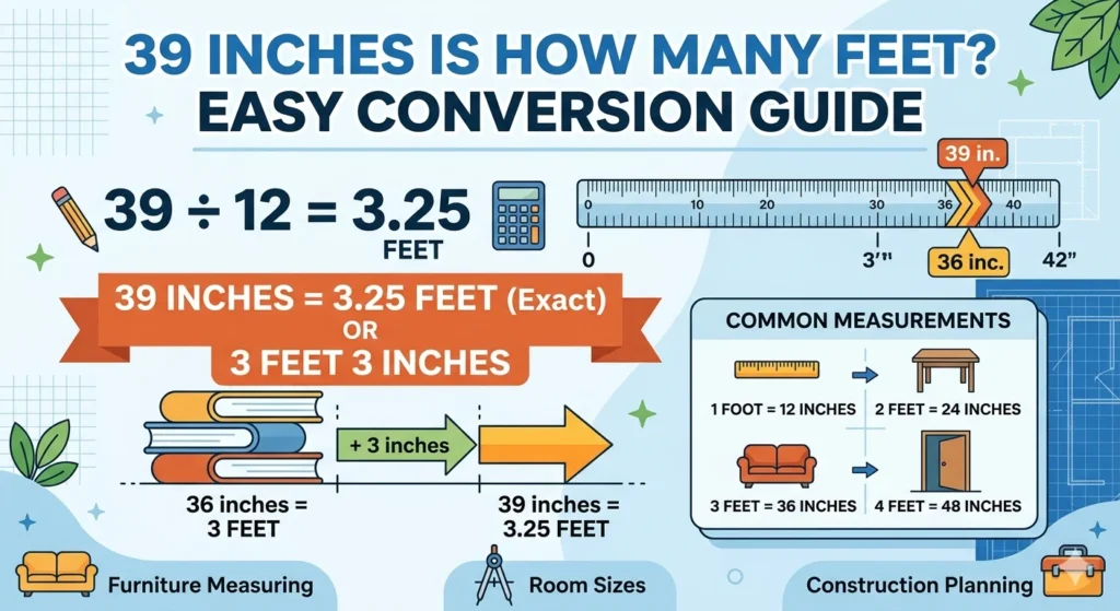 Infographic is showing that 39 Inches Is How Many Feet? Easy Conversion Guide