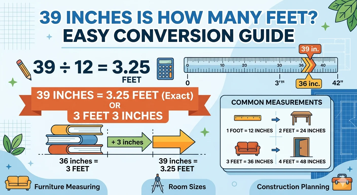 Infographic is showing that 39 Inches Is How Many Feet? Easy Conversion Guide