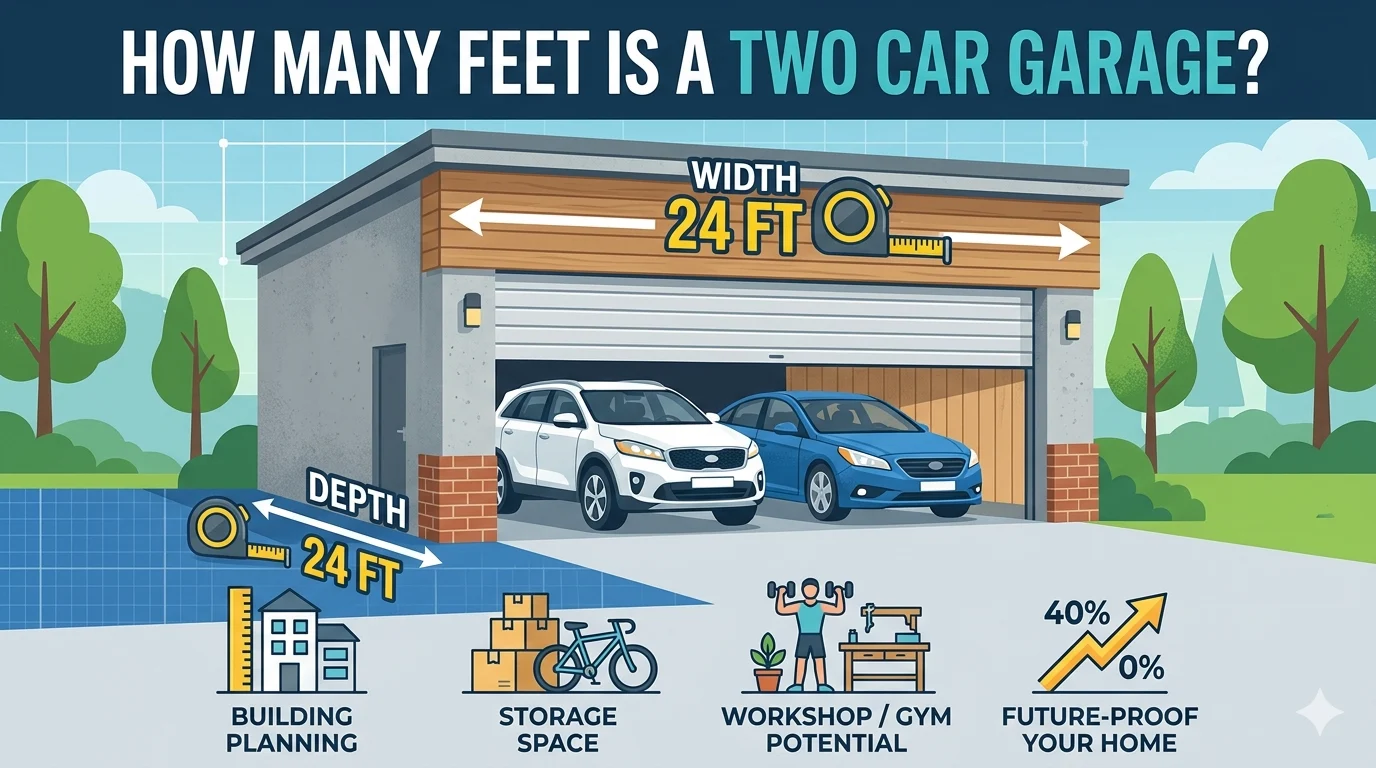 Infographic is showing that How Many Feet Is a Two Car Garage? Standard Sizes Explained