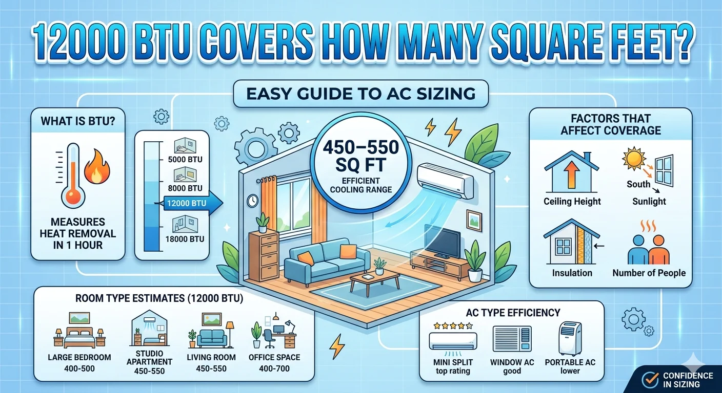 Infographic is showing that 12000 BTU Covers How Many Square Feet? Complete