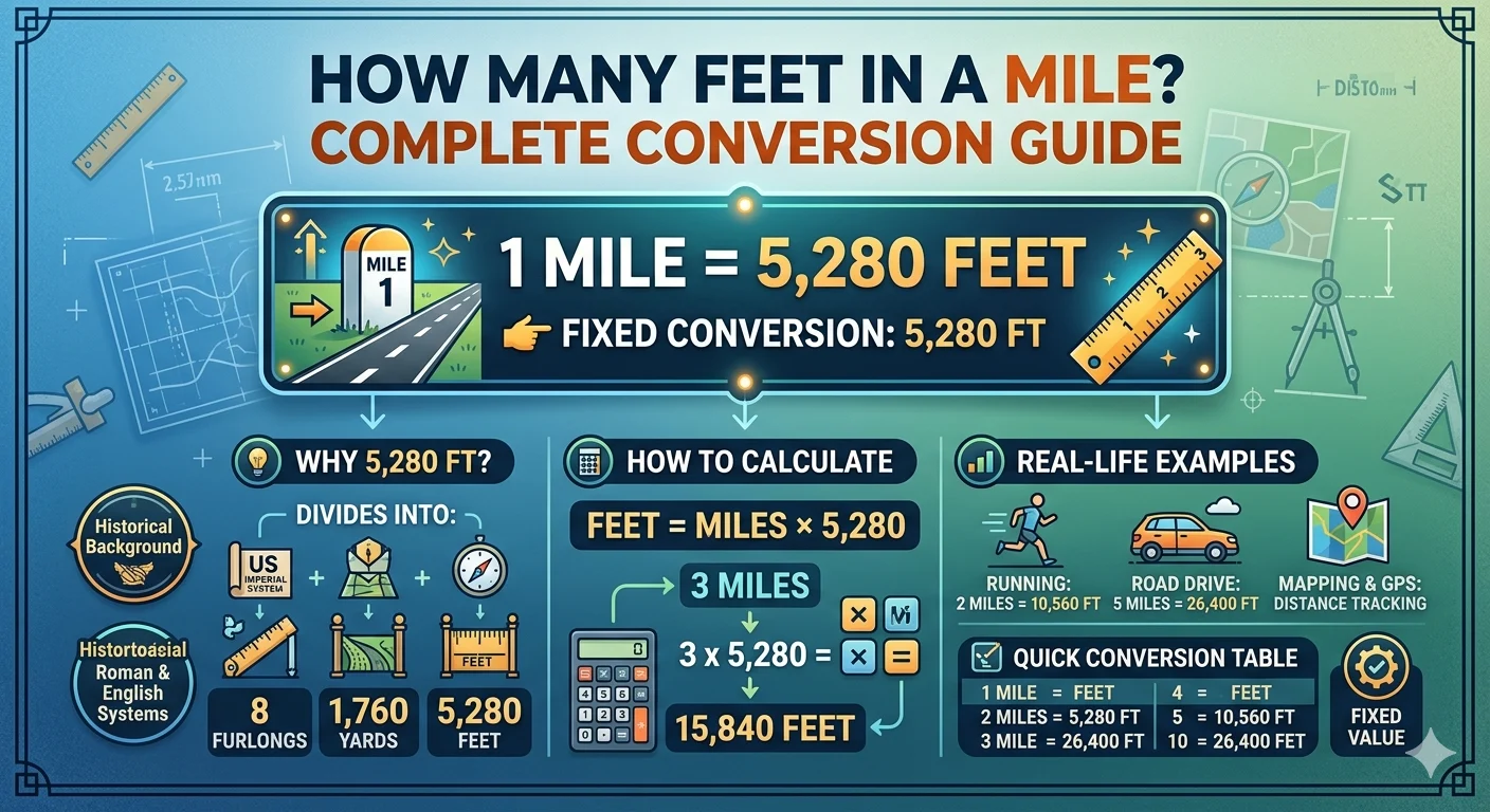 Infographic is showing that How Many Feet in a Mile? Full Conversion