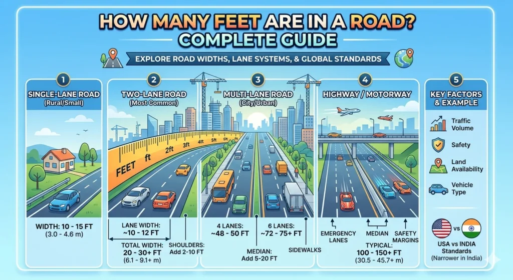 Infographic is showing that How Many Feet Are in a Road? Complete Guide