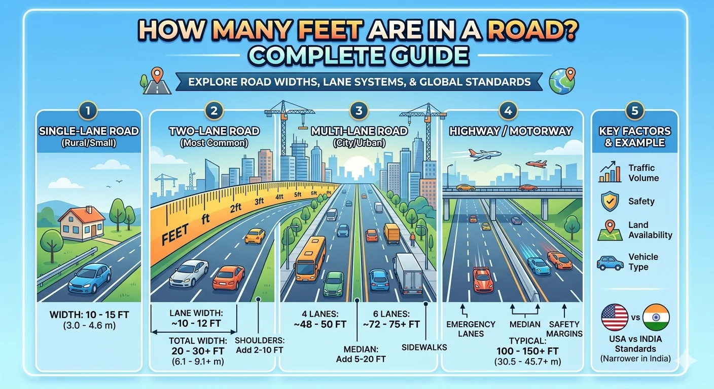 Infographic is showing that How Many Feet Are in a Road? Complete Guide