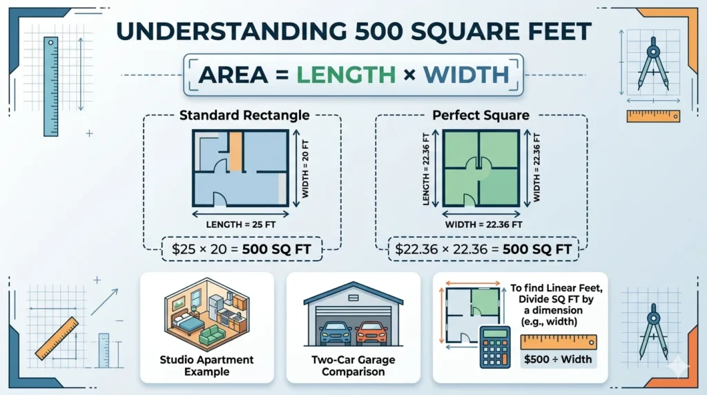 Infographics is showing that How Many Feet Is 500 Square Feet? Simple Guide