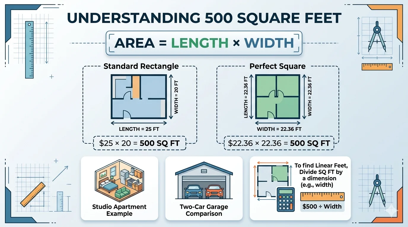 Infographics is showing that How Many Feet Is 500 Square Feet? Simple Guide