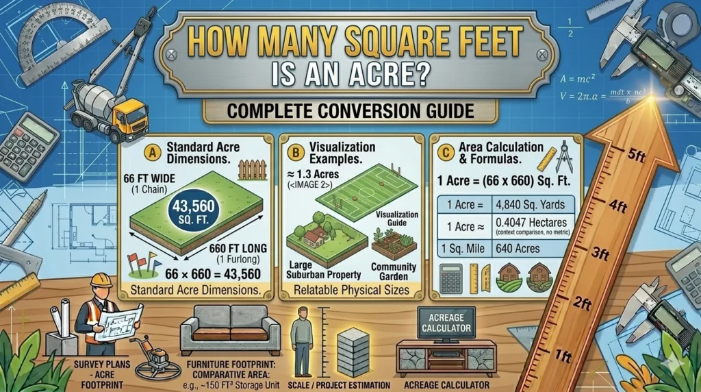 Infographic is showing that How Many Square Feet Acre? Complete Conversion Guide