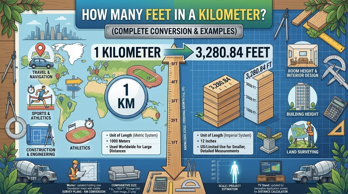 Infographic is showing that How Many Feet in Kilometer? Easy Conversion Guide