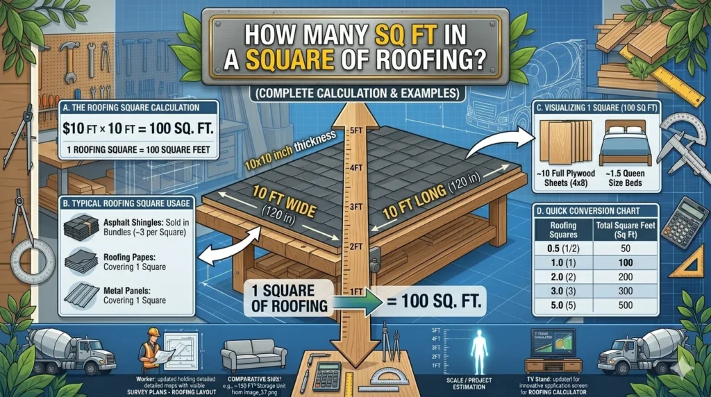 Infographic is sohwing that How Many Square Feet in a Square of Roofing? Complete Guide