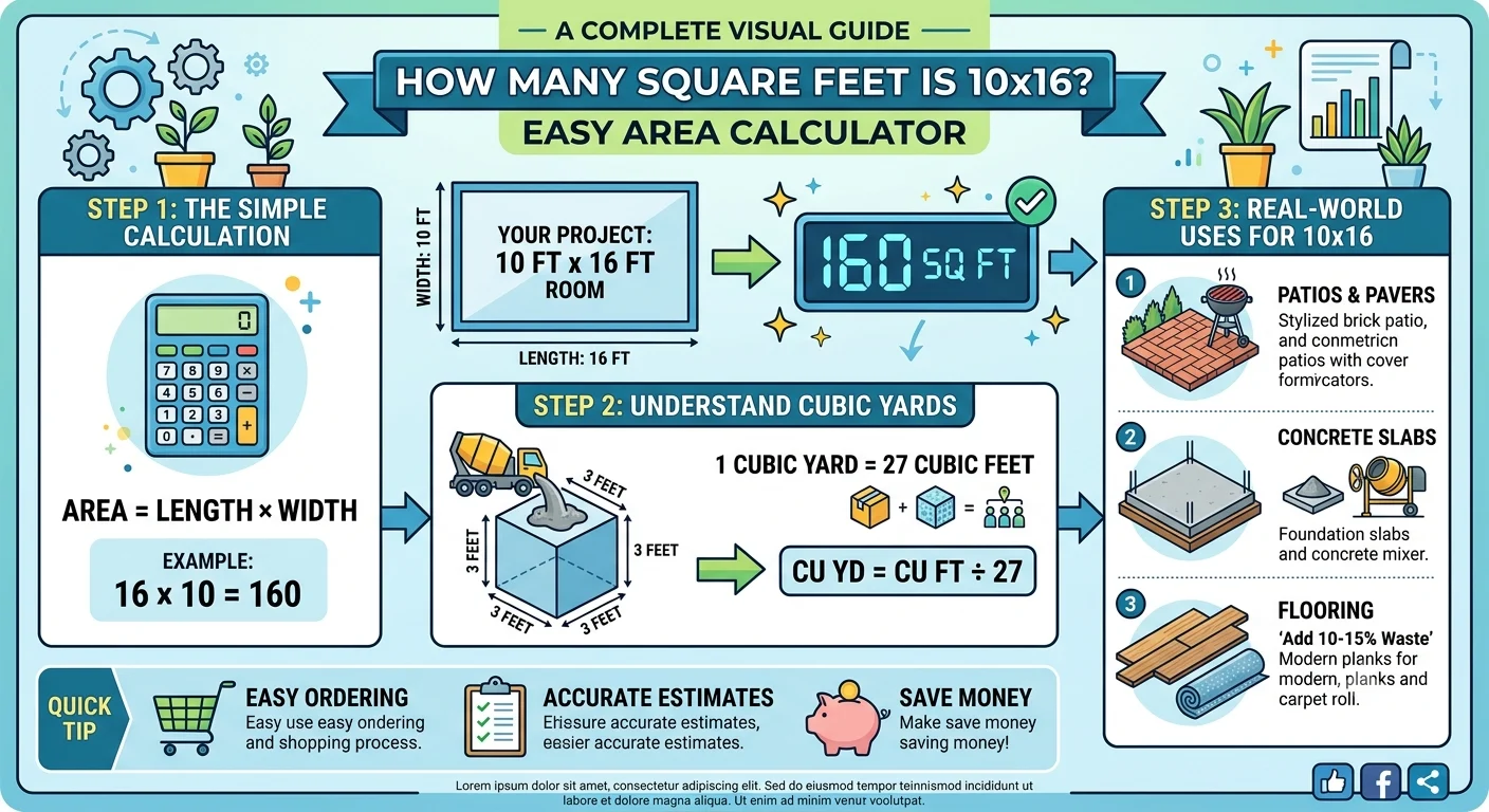Infographic is showing that How Many Square Feet Is 10x16? Easy Area Calculator