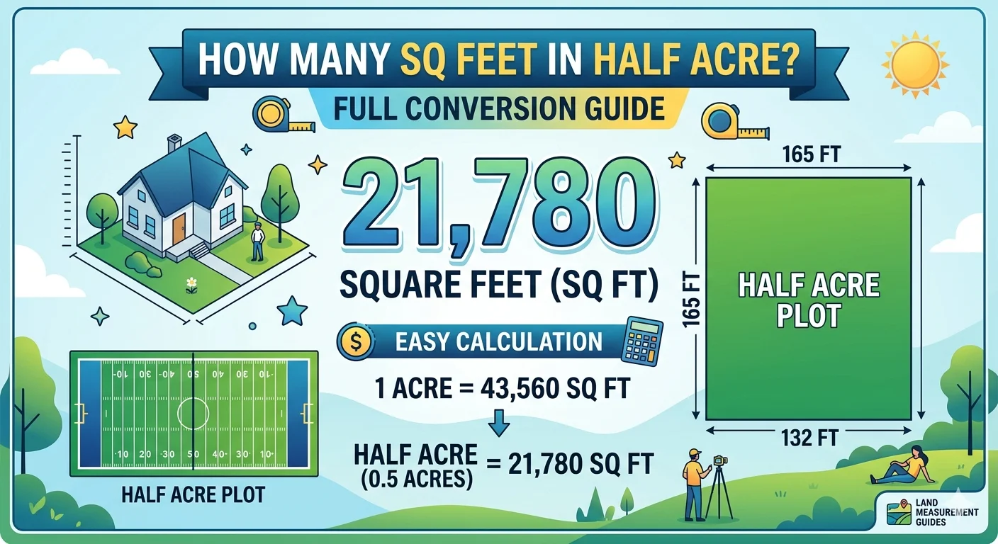 Infographic is showing that How Many Sq Feet in Half Acre? Full Guide