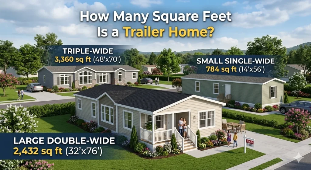 Infographic is showing that How Many Square Feet Is a Trailer Home? Size Guide