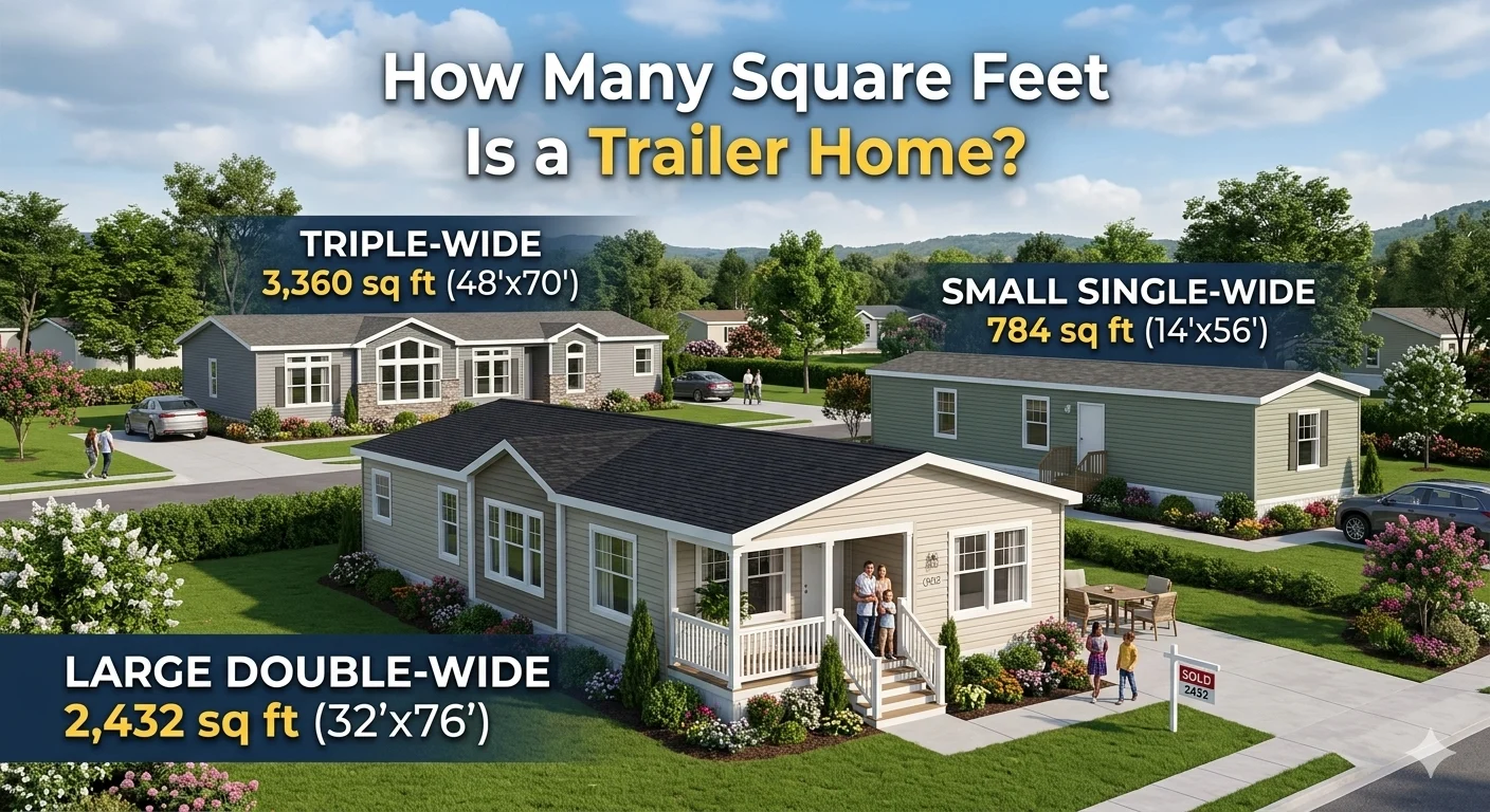 Infographic is showing that How Many Square Feet Is a Trailer Home? Size Guide
