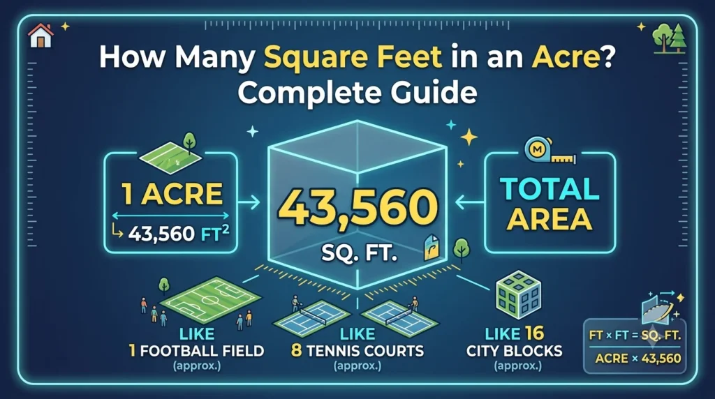 Infographic is showing that How Many Square Feet in an Acre? Complete Guide