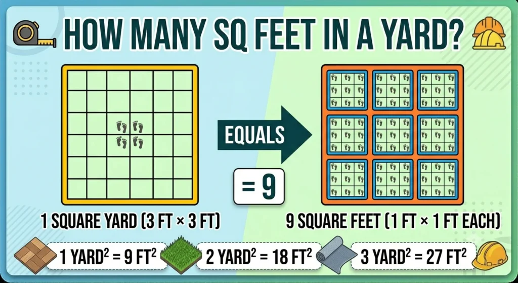 Infographic is showing that How Many Sq Feet in a Yard? Easy Conversion Guide