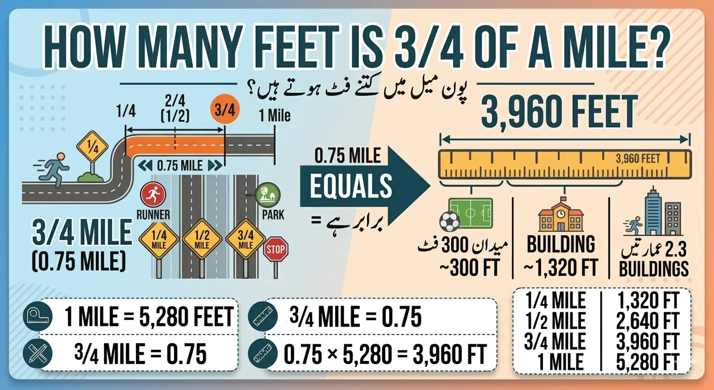Infographic is showing that How Many Feet Is 3/4 of a Mile? Easy Conversion Guide