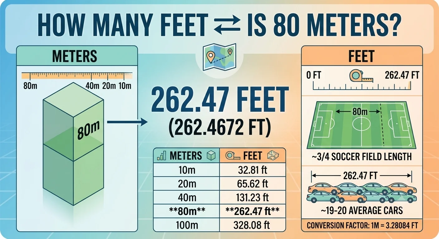 Infographic is showing that How Many Feet Is 80 Meters? Simple Conversion Guide