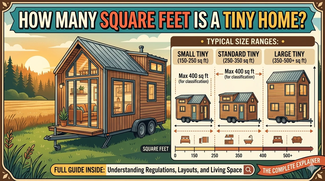 Infographic is showing that How Many Square Feet Is a Tiny Home? Complete Guide